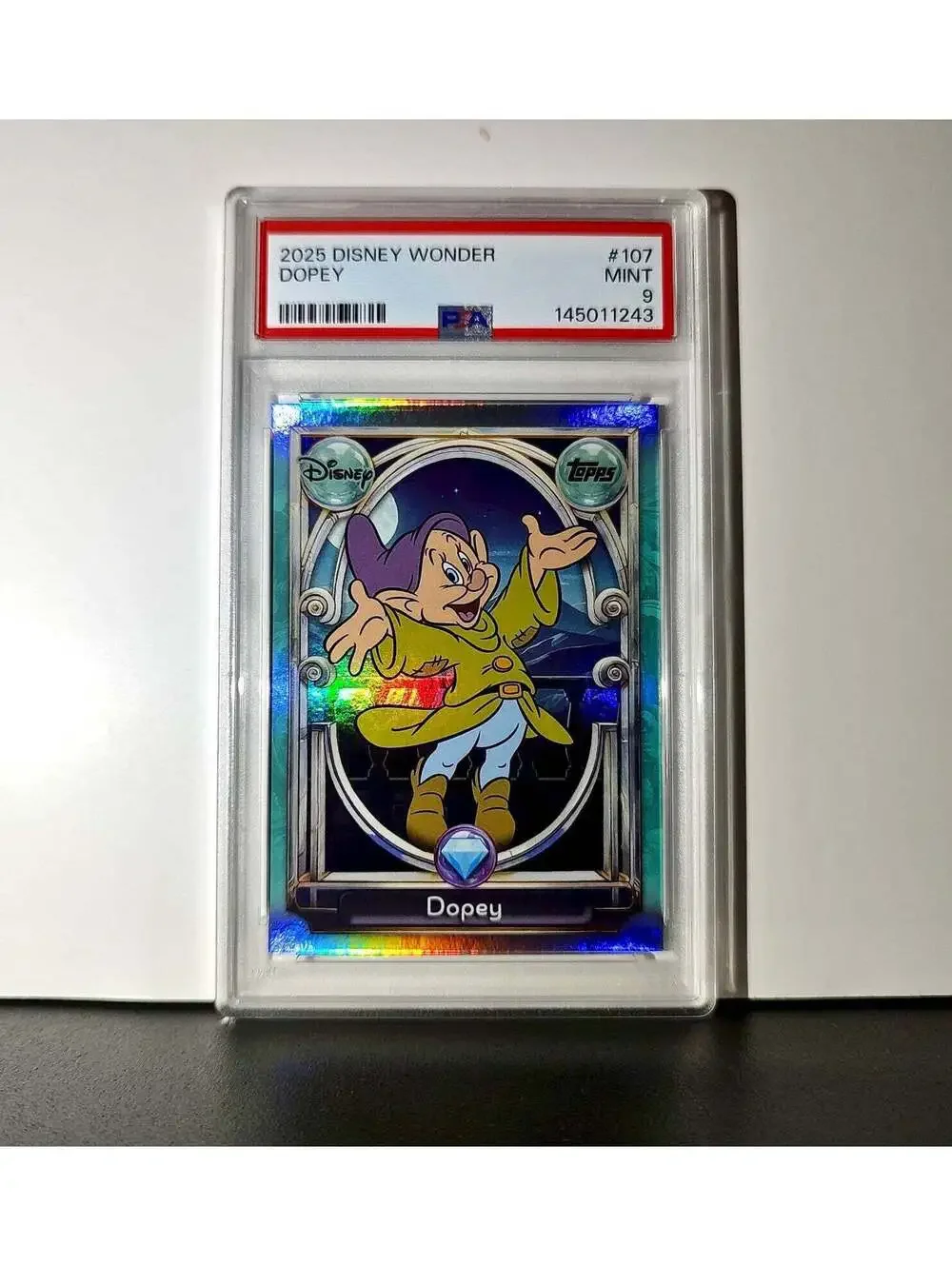 Dopey 2025 Topps Disney #107 Diamond Card Snow White and the Seven Dwarfs PSA 9